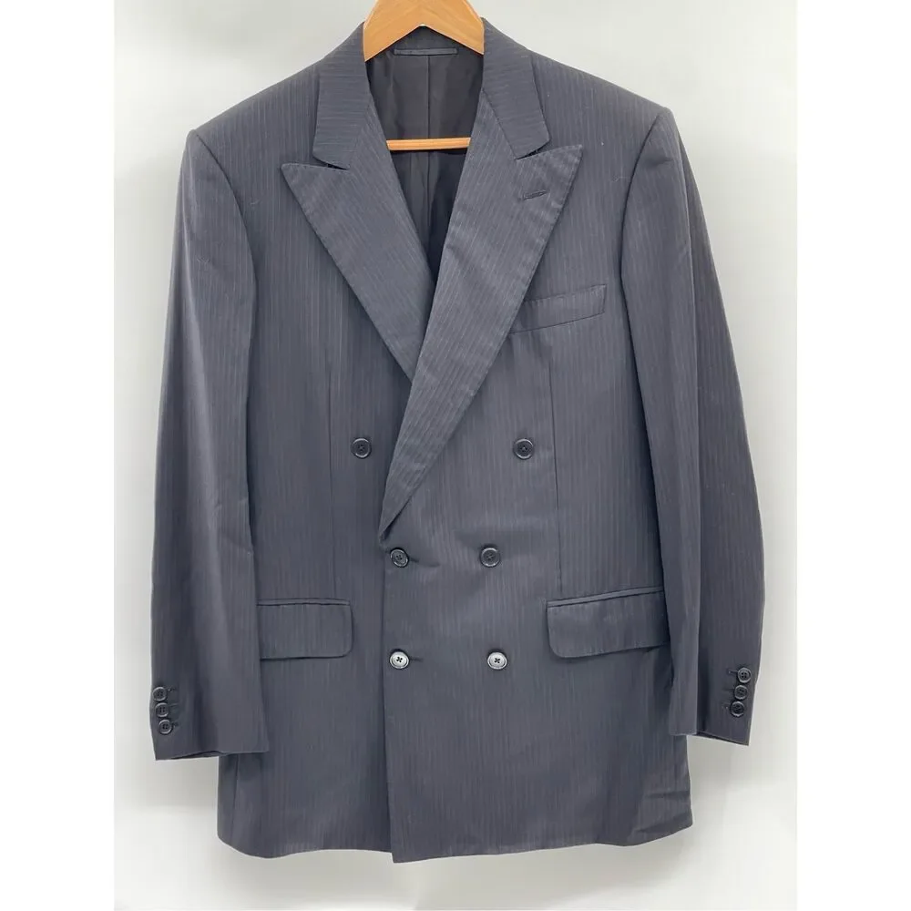 Luciano Barbera Suit Jacket Sport Coat Double Breasted Men 39‎ Black Striped
